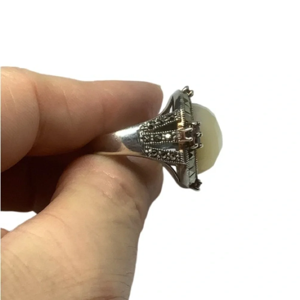 Sterling silver mother of pearl  marcasite gemstone ring